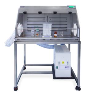 Steel grade Powder Vented Balance Enclosure on a stainless steel bench frame, with HEPA filtration situated under the enclosure