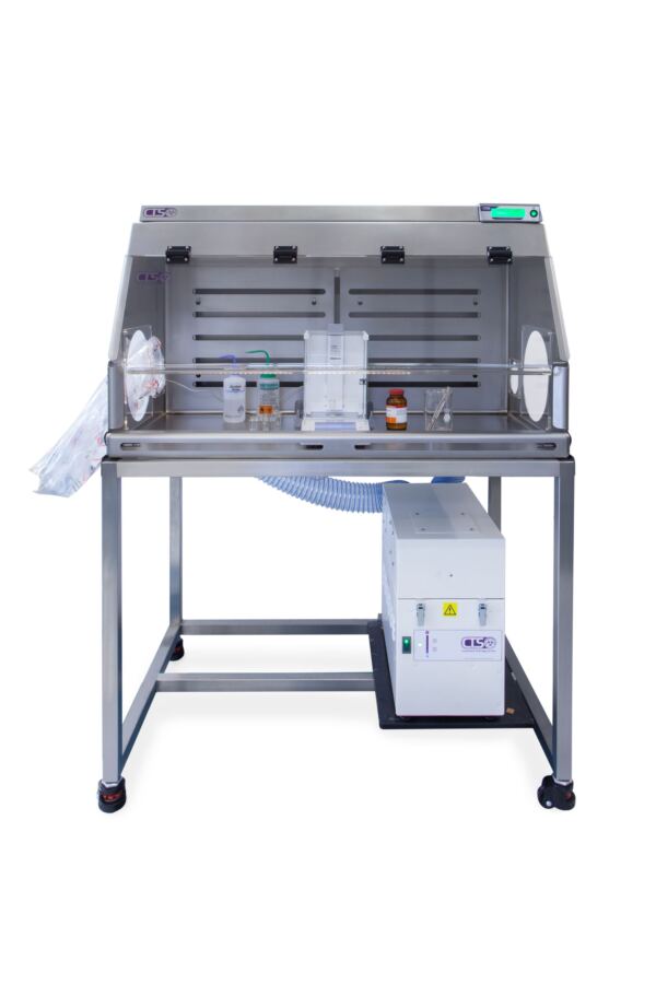 Steel grade Powder Vented Balance Enclosure on a stainless steel bench frame, with HEPA filtration situated under the enclosure